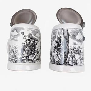 Ulmer Keramik German Beer‎ Steins Dancing Peasants Bagpiper Set